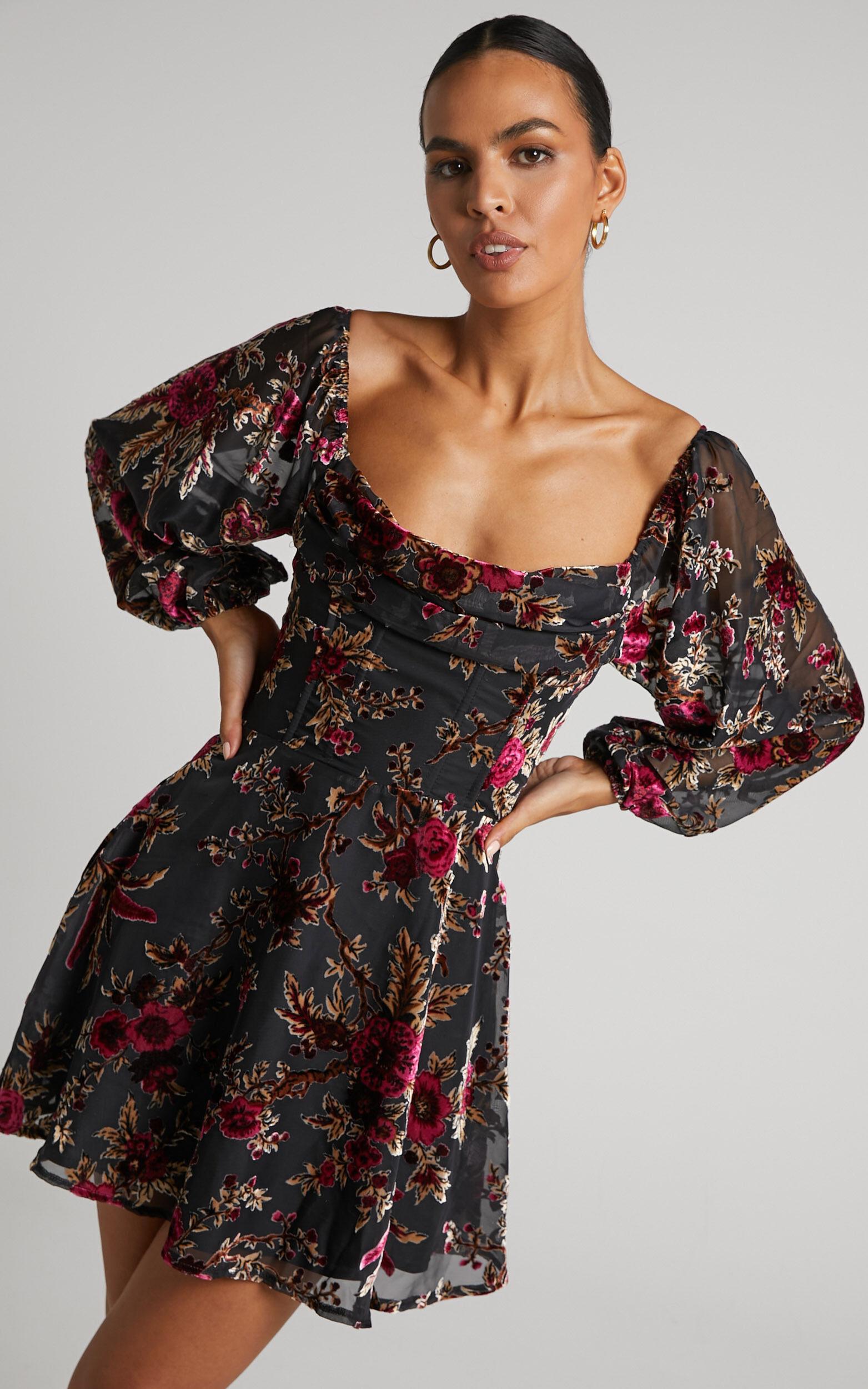 Jessell Mini Dress - Long Sleeve Cowl Corset Dress in Black Floral Product Image