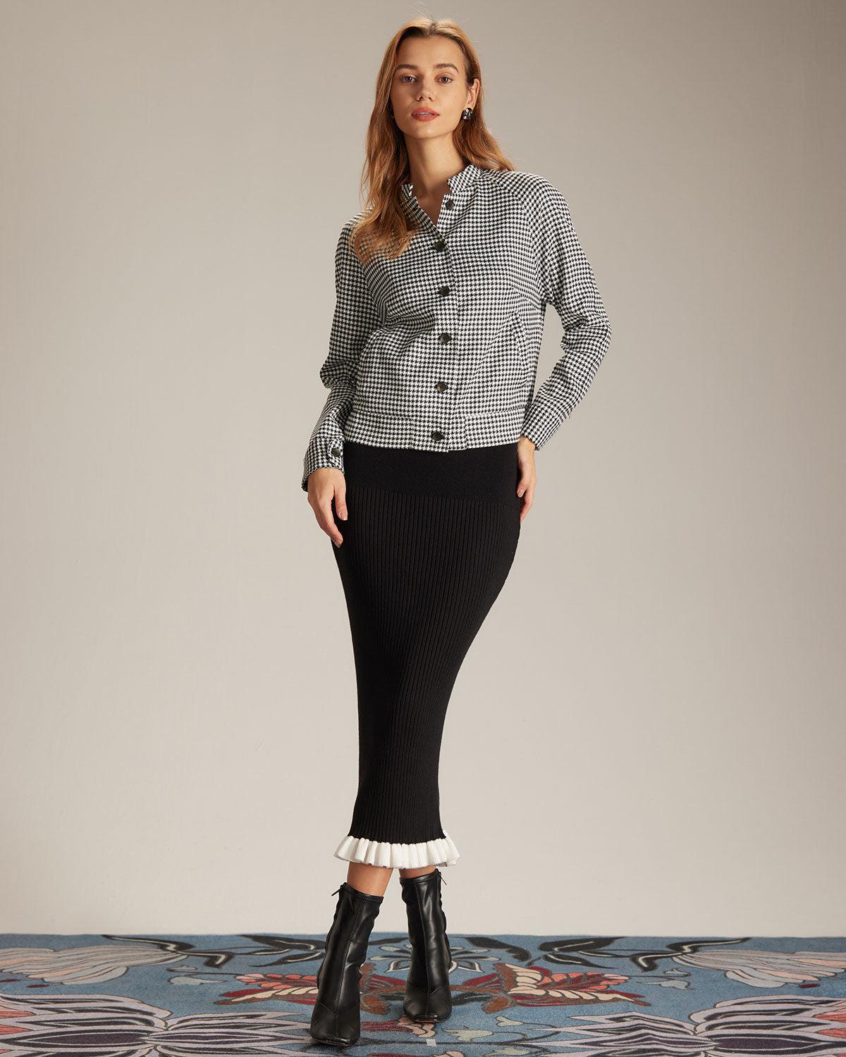 The Black Mock Neck Houndstooth Jacket Product Image