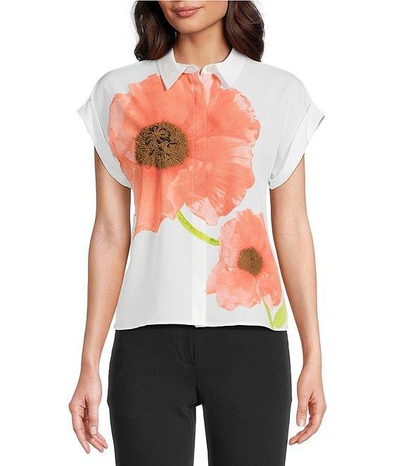 KARL LAGERFELD PARIS Silky Crepe Placed Floral Print Point Short Sleeve Shirt Product Image