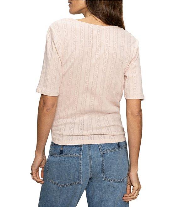 Sanctuary Pointelle V-Neck Short Sleeve Button Front Top Product Image
