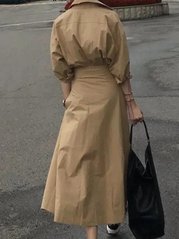 Loose Puff Sleeves Pleated Solid Color Split-Joint Lapel Maxi Dresses Shirt Dress Product Image