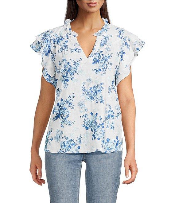 Tru Luxe Jeans Floral Linen Blend Ruffle Split V-Neck Flutter Sleeve Blouse Product Image