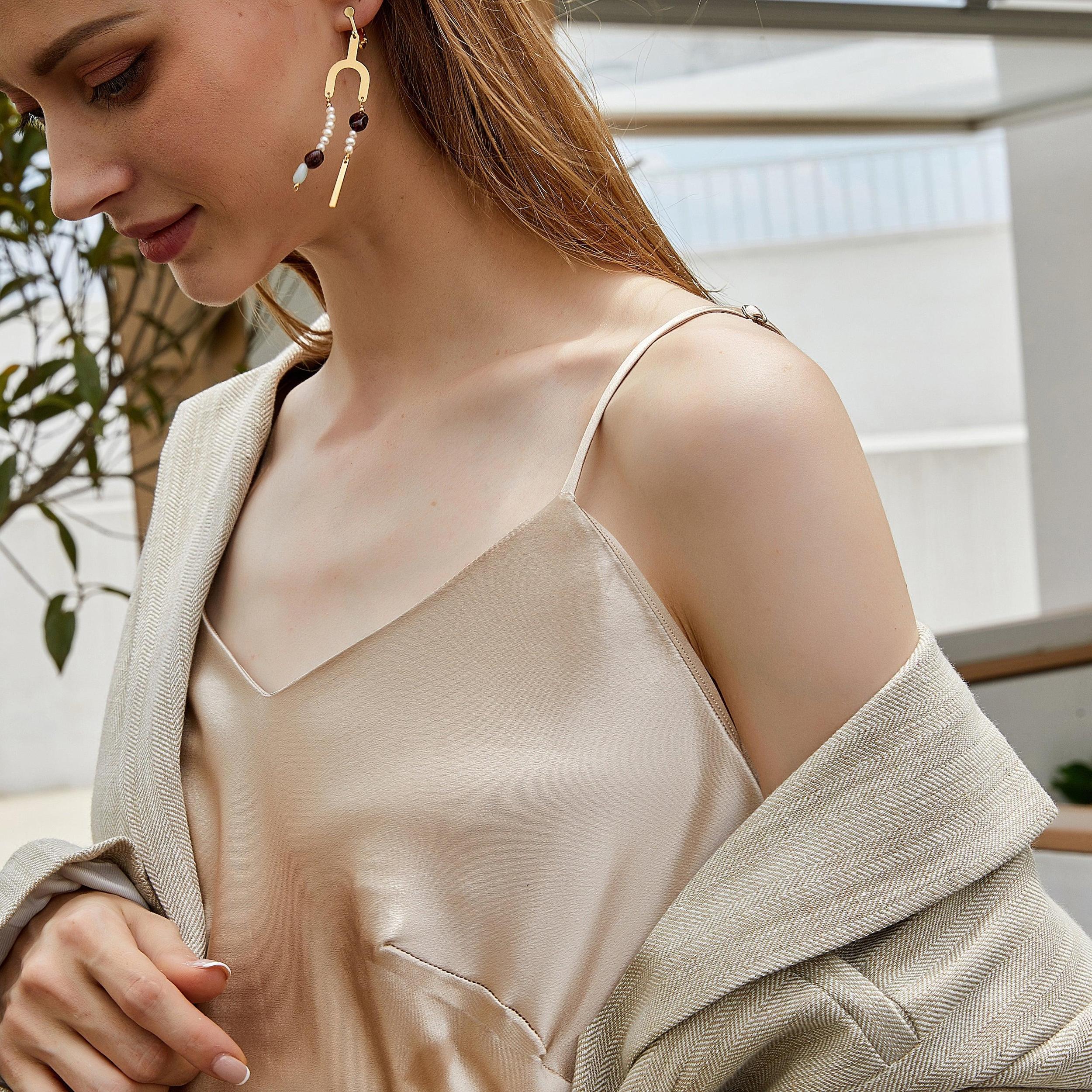 River Nymph | Beige Pure Silk Slip Dress | Knee Length with Adjustable Straps | 22 Momme | Float Collection Product Image