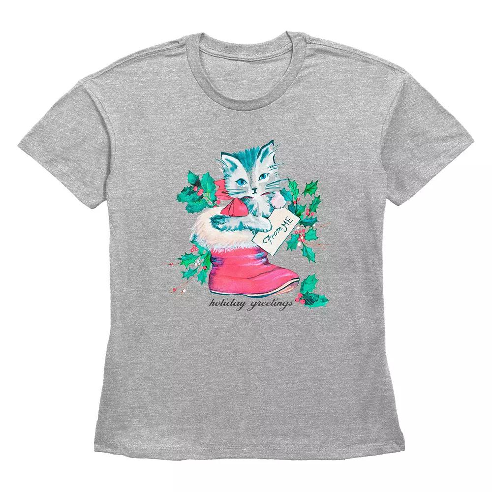 Women's Holiday Greetings Christmas Kitty Stocking Stuffer Graphic Tee,  Product Image