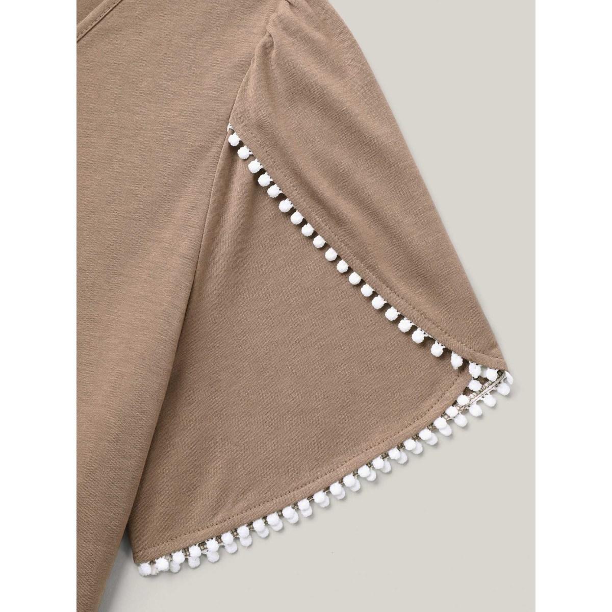 Plus Size Petal Sleeve Lace Button Solid T-Shirt LightBrown Women Casual Petal edge V-neck Everyday T-shirts BloomChic 26/4X Product Image