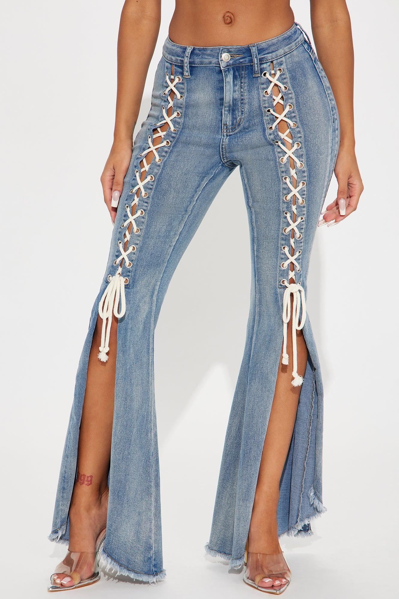 About That Life Stretch Lace Up Flare Jeans - Medium Wash Product Image