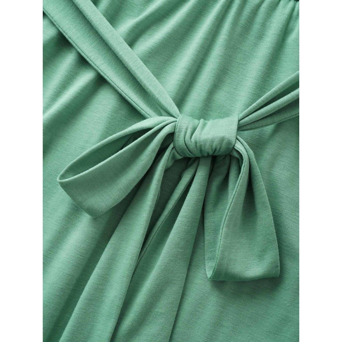 Plus Size Supersoft Essentials Solid Belted Patchwork Hem Dress Mint Women Basics Non Round Neck Cap Sleeve Curvy Midi Dress BloomChic 14-16/1X Product Image