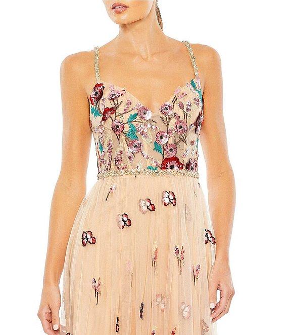 Mac Duggal Floral Embellished Tulle V-Neck Sleeveless Gown Product Image