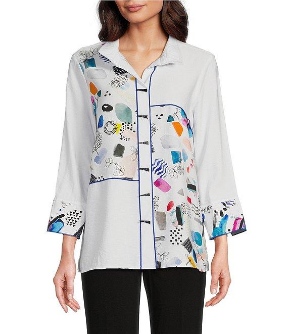 Ali Miles Abstract Print Seam Detail Wire Collar 3/4 Sleeve Button Front Tunic Product Image