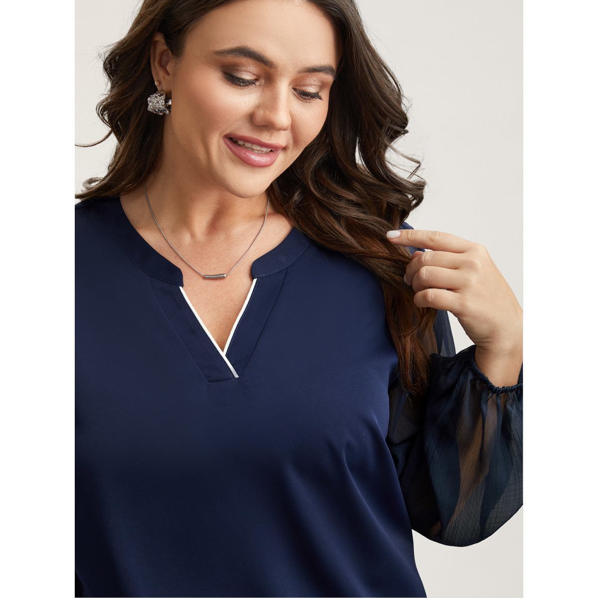 Plus Size Indigo Mixed Fabric Sheer Puff Sleeve Shirt Women At the Office Extra Long Sleeve V-neck Work Blouses BloomChic 28/5X Product Image