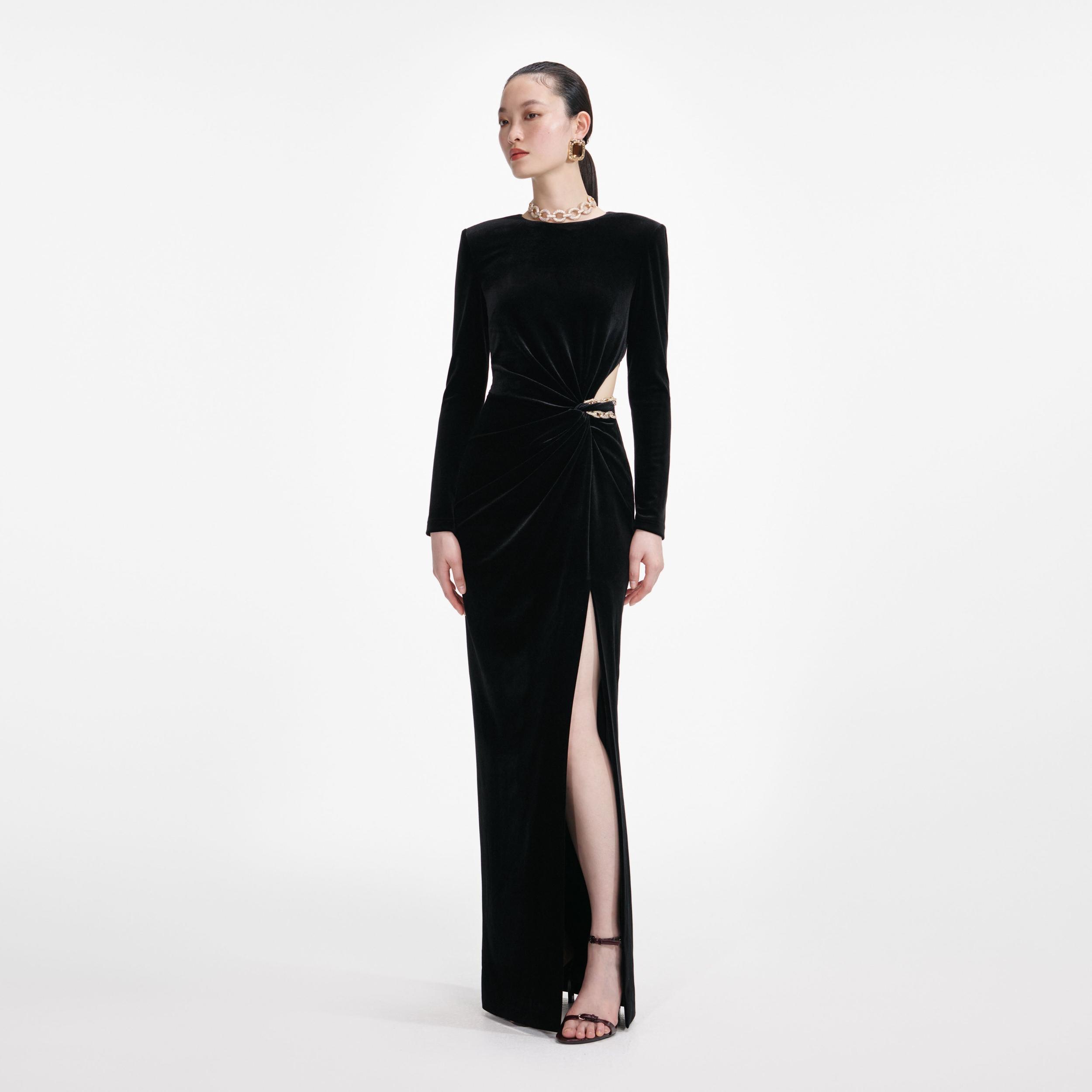 Black Velvet Embellished Maxi Dress Product Image