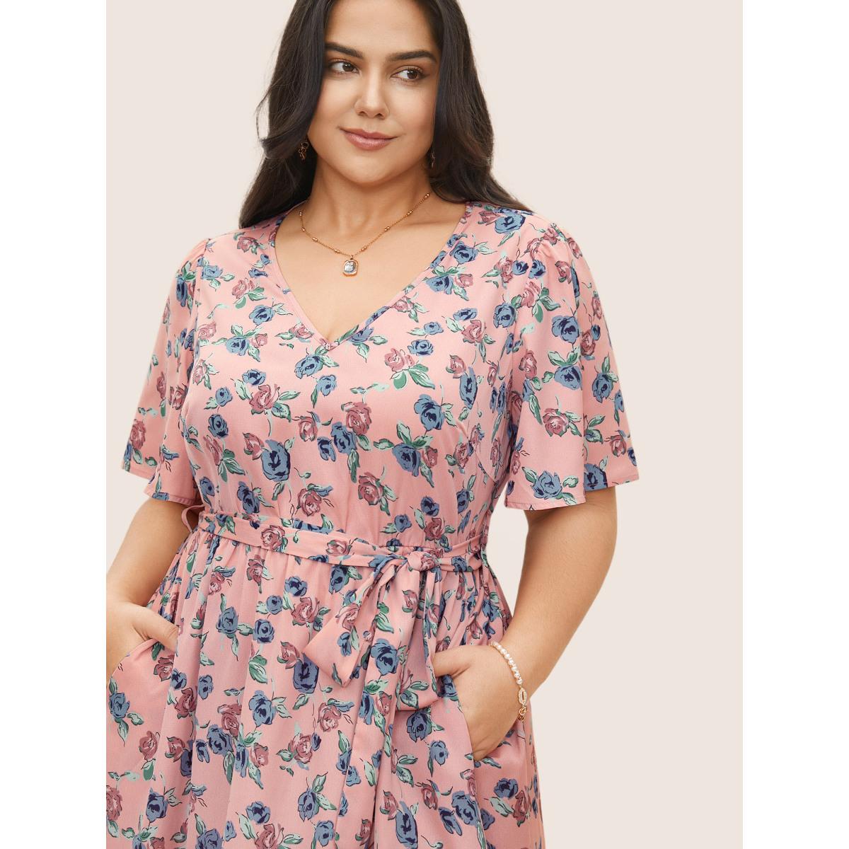 Plus Size Floral Print V Neck Pleated Belted Dress Rouge Women Elegant Non V-neck Short sleeve Curvy Midi Dress BloomChic 18-20/2X Product Image