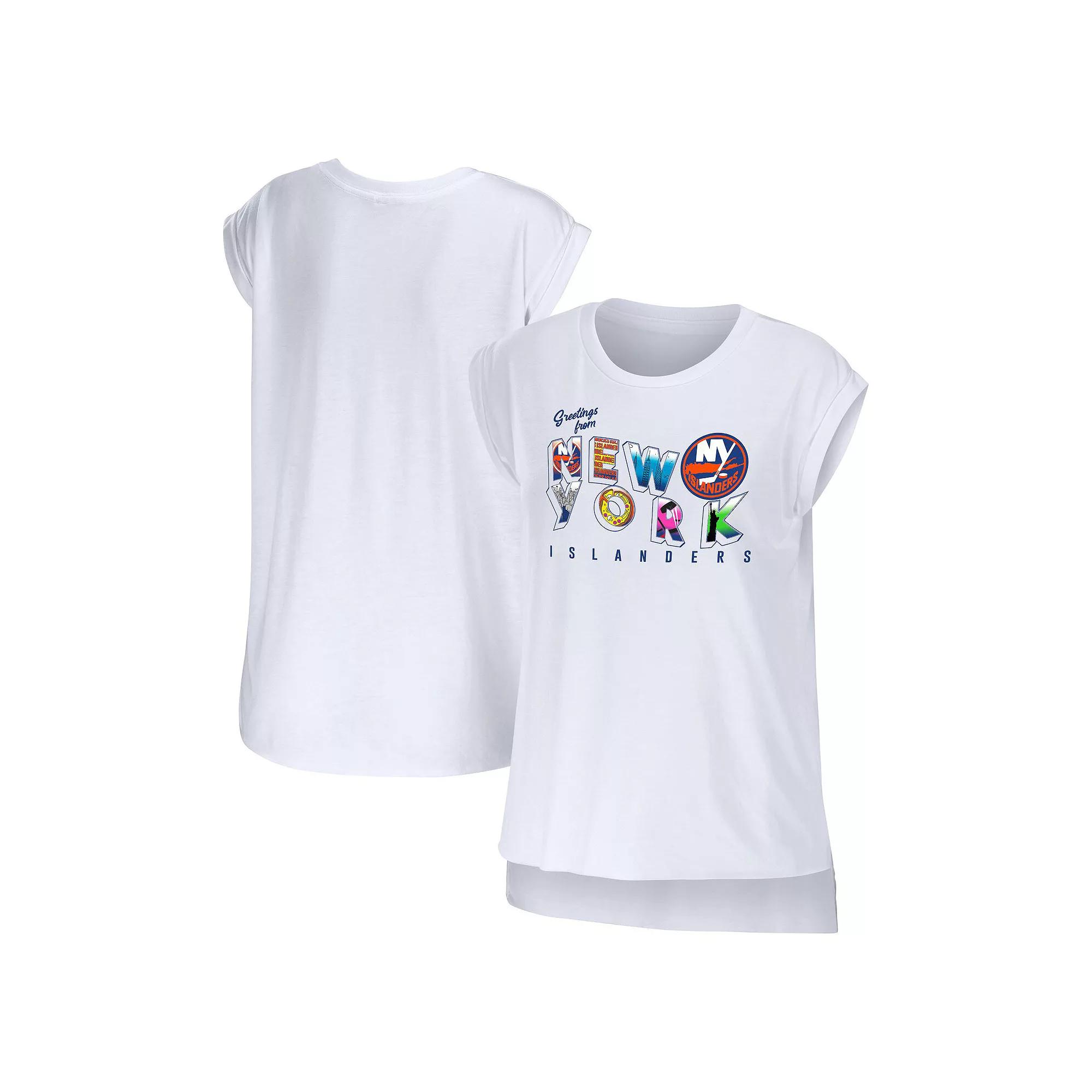 Women's WEAR by Erin Andrews White New York Islanders Greetings From Muscle T-Shirt,  Product Image