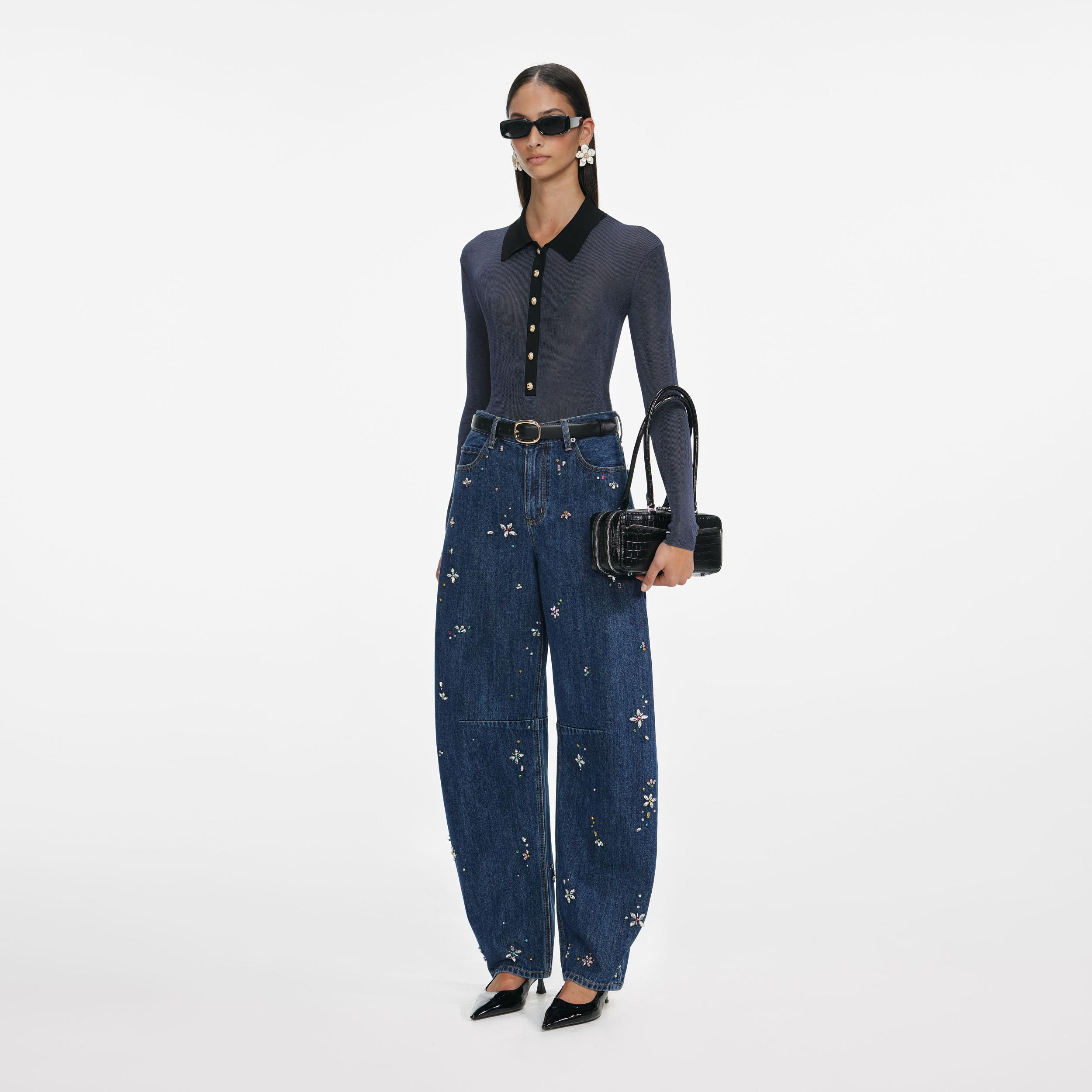Blue Embellished Barrel Leg Jeans Product Image