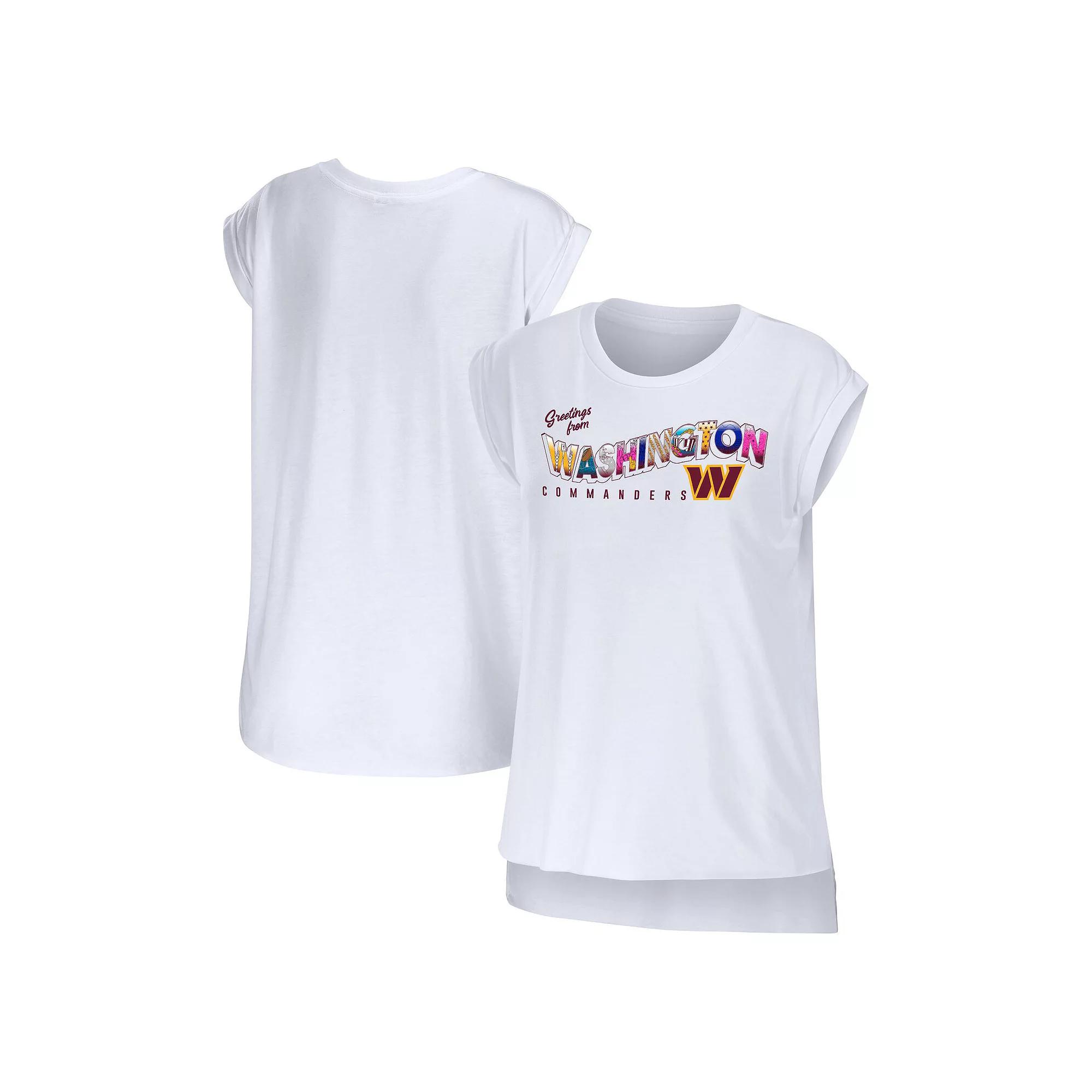 Women's WEAR by Erin Andrews White Washington Commanders Greetings From Muscle T-Shirt, Size: Medium, Wft White Product Image