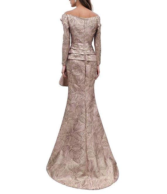 Terani Couture Jacquard Asymmetrical Neckline Long Sleeve Large Side Ruffle Sheath Gown Product Image