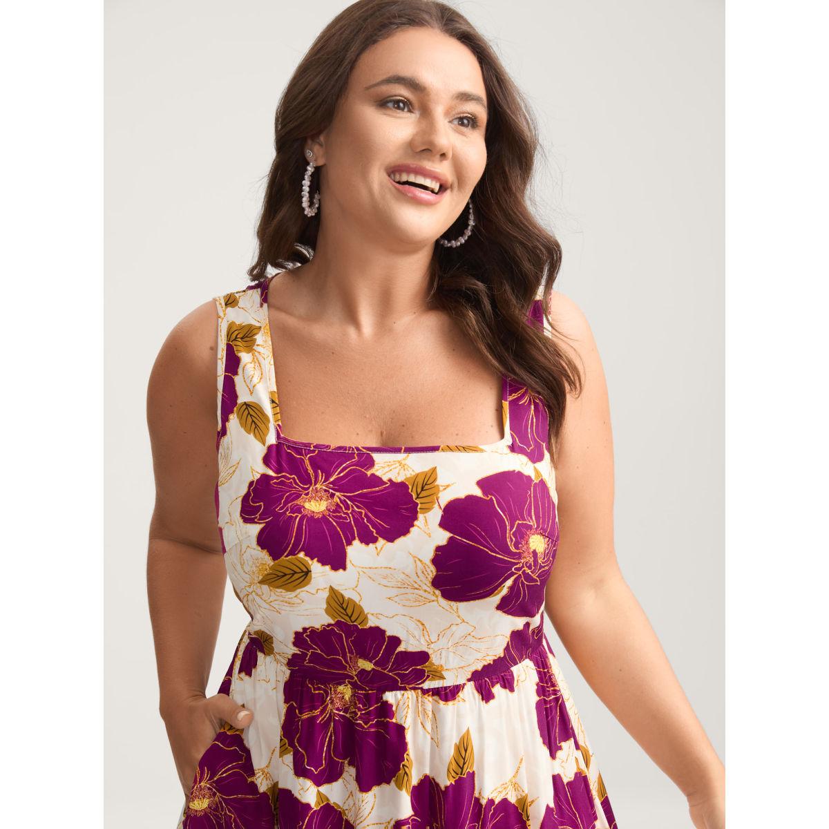 Plus Size Large Floral Print Pockets Midi Dress Peach Women Timeless Square Neck Sleeveless Curvy BloomChic 28/5X Product Image