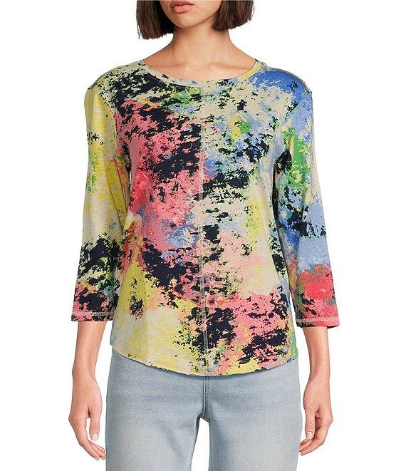 Westbound Multi Splatter Print 3/4 Sleeve Knit Crew Neck Top Product Image