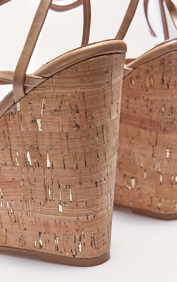 Nude Pu Strappy Lace Up High Heel Cork Wedges Product Image