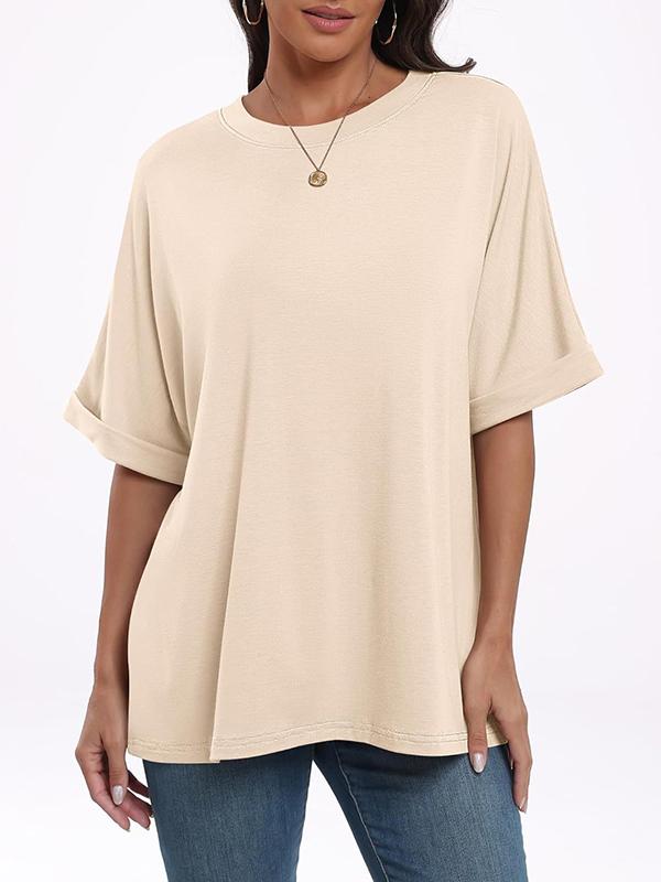 Raglan Sleeve Solid Color Split-Joint Round-Neck T-Shirts Product Image