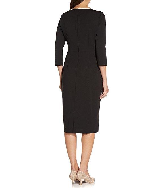 Adrianna Papell Contrasting Trim Boat Neck 3/4 Sleeve Tie Waist Crepe Sheath Dress Product Image