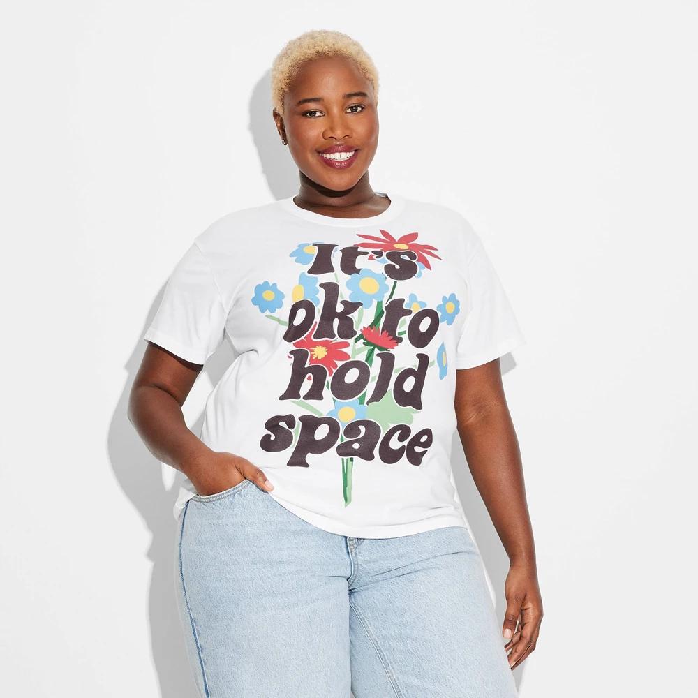 Women's It's Ok to Hold Space Short Sleeve Graphic T-Shirt - White S: Modern Lux, Cotton-Polyester Blend, Crew Neck, Tagless, Knit Fabric Product Image