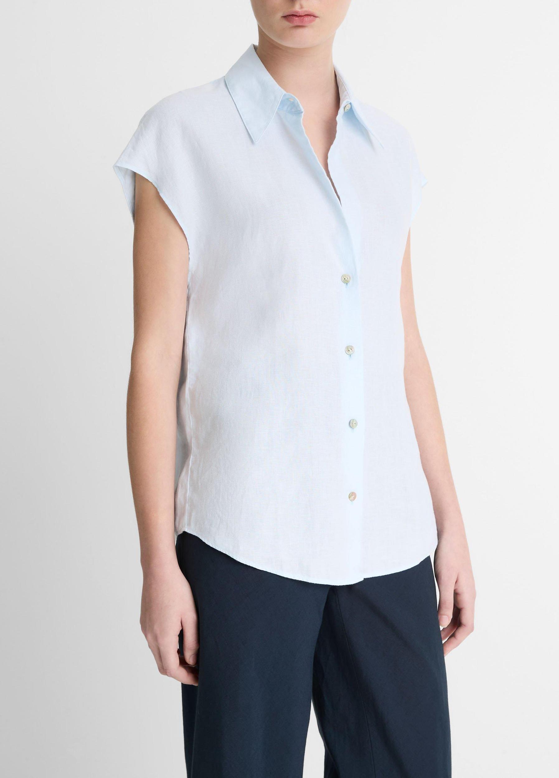 Linen Cap-Sleeve Button-Front Blouse Product Image