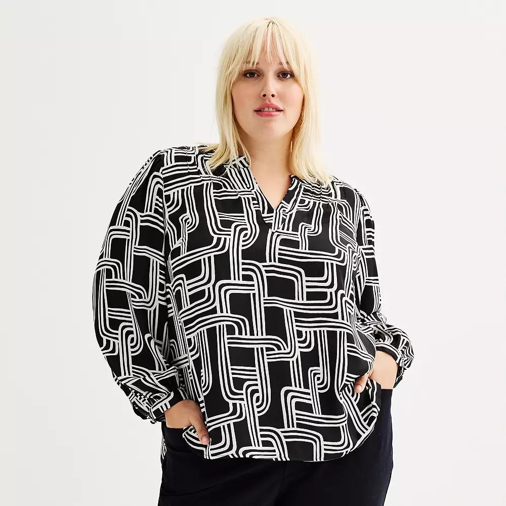 Plus Size Nine West Y-Neck Pintuck Satin Blouse, Women's, Size: 0X, Black Small Relinks Product Image