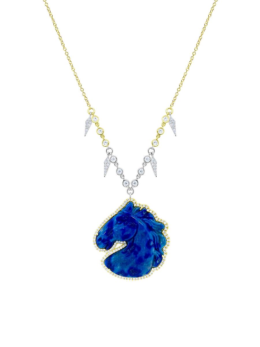 Womens Two-Tone 14K Gold, Lapis Lazuli & 0.53 TCW Diamond Horse Pendant Necklace Product Image