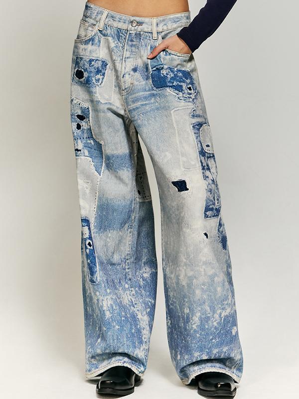 Retro Blue Distressed Patchwork Printed Jeans Product Image