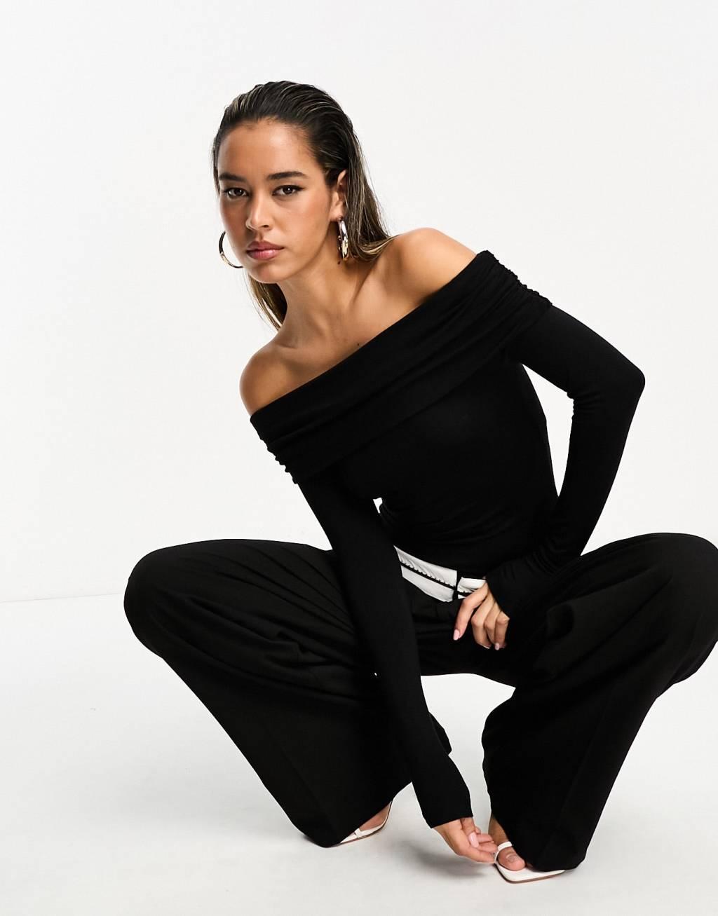 ASOS DESIGN cotton modal clean fold over bardot bodysuit Product Image