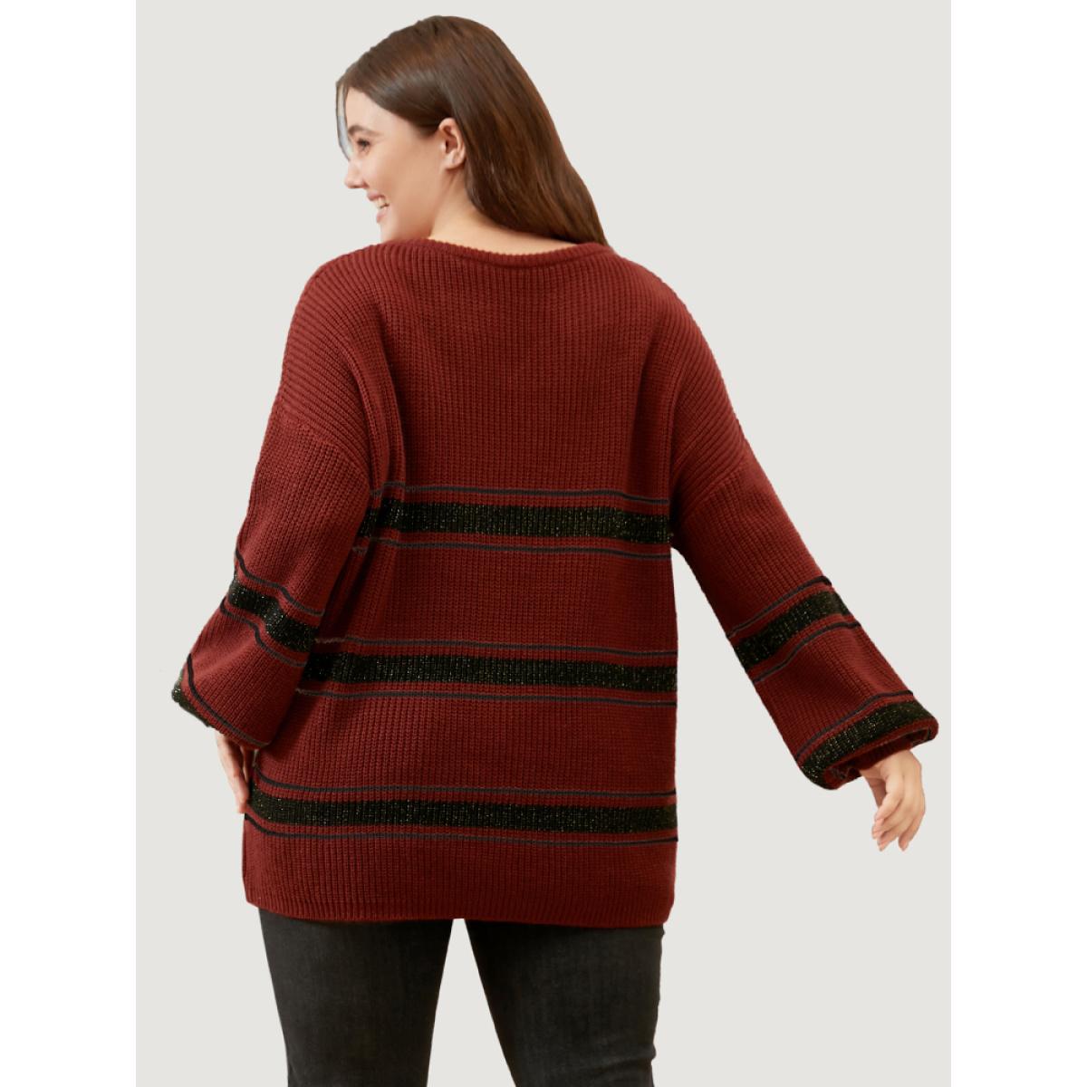 Plus Size Striped Contrast Pointelle Knit Lantern Sleeve Round Neck Knit Top Scarlet Women Casual Loose Long Sleeve Round Neck Dailywear Pullovers BloomChic 18-20/2X Product Image