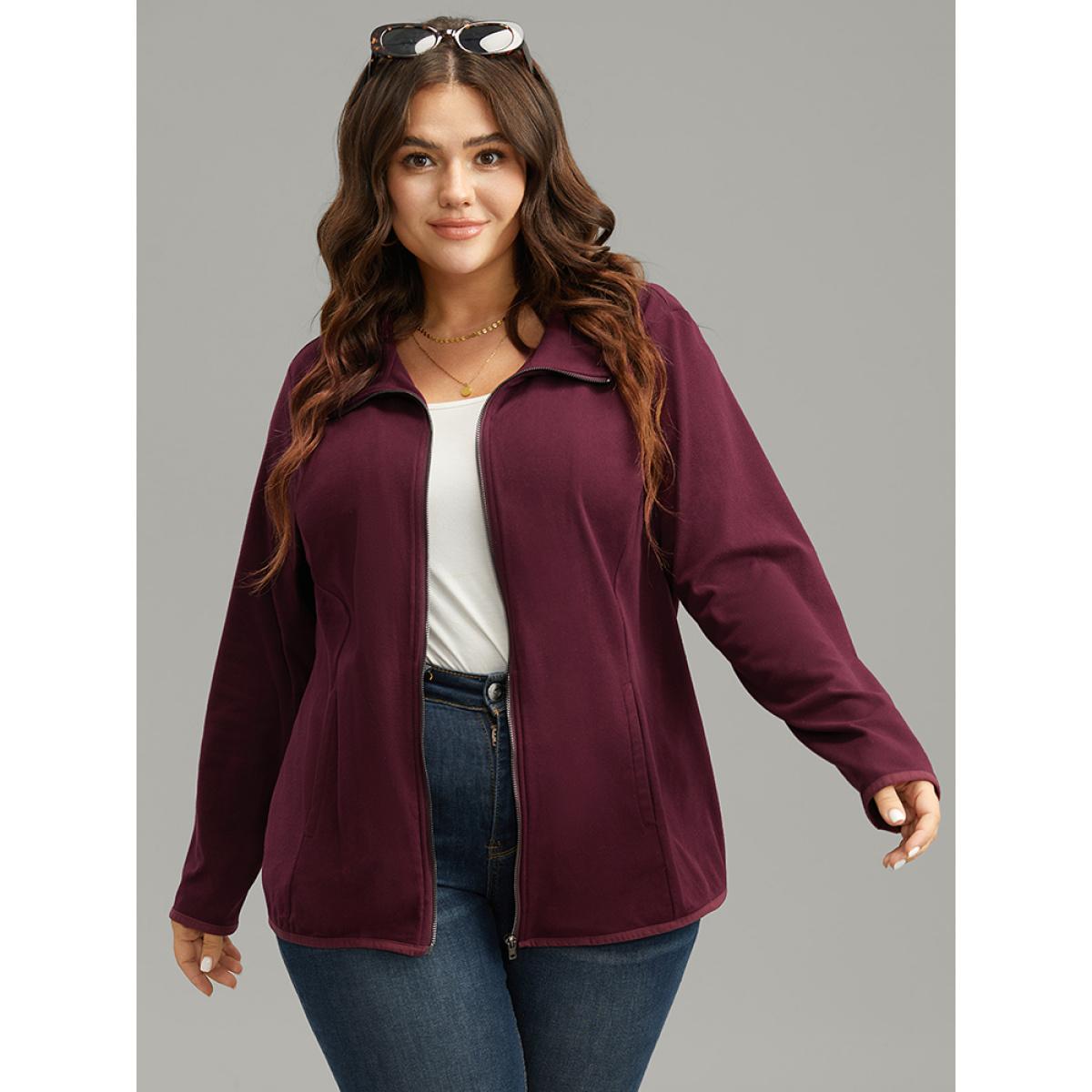 Plus Size Plain Zipper Fly Lapel Collar Jacket Women Burgundy Plain Pocket Dailywear Jackets BloomChic 18-20/2X Product Image