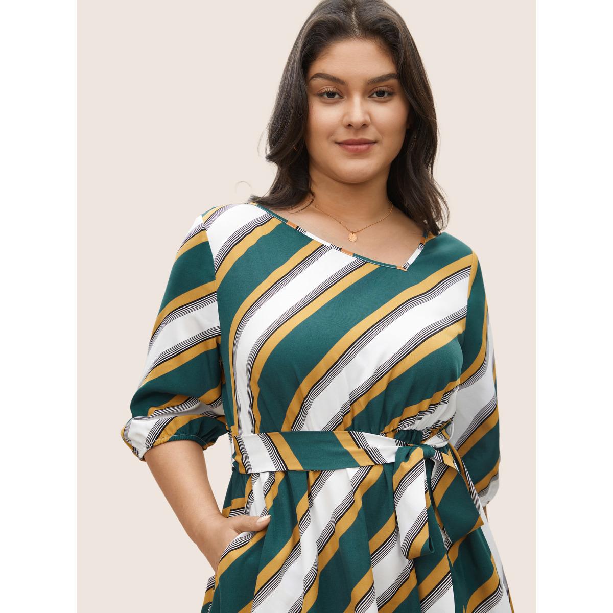 Plus Size Striped Contrast Asymmetrical Neck Belted Dress Cyan Women At the Office Non Asymmetrical Neck Elbow-length sleeve Curvy Midi Dress BloomChic 10/M Product Image