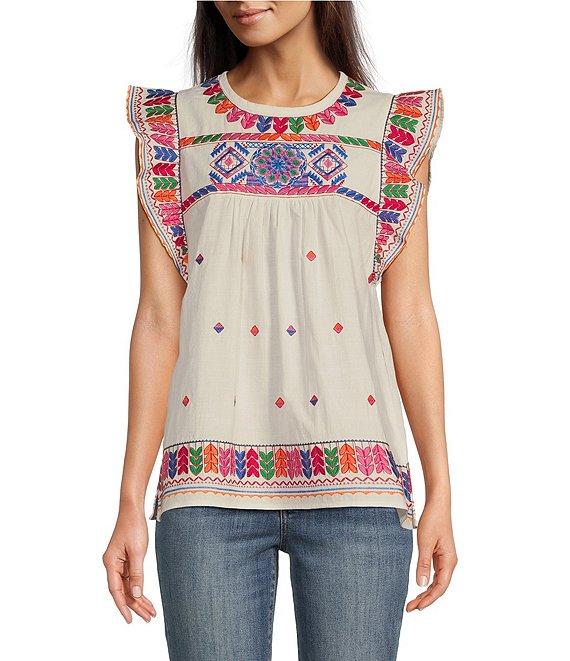 Calessa Embroidered Round Neck Ruffled Cap Sleeve Tunic Product Image