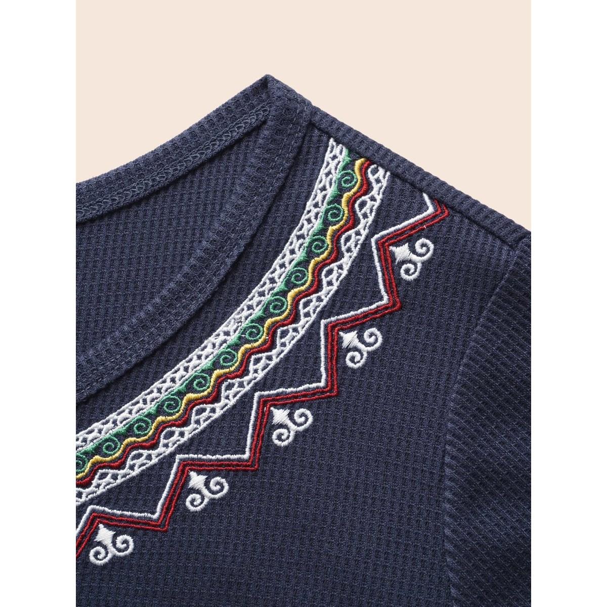 Plus Size Bandana Embroidered Button Up T-shirt Indigo Women Casual Embroidered Art&design Round Neck Everyday T-shirts BloomChic 12/L Product Image