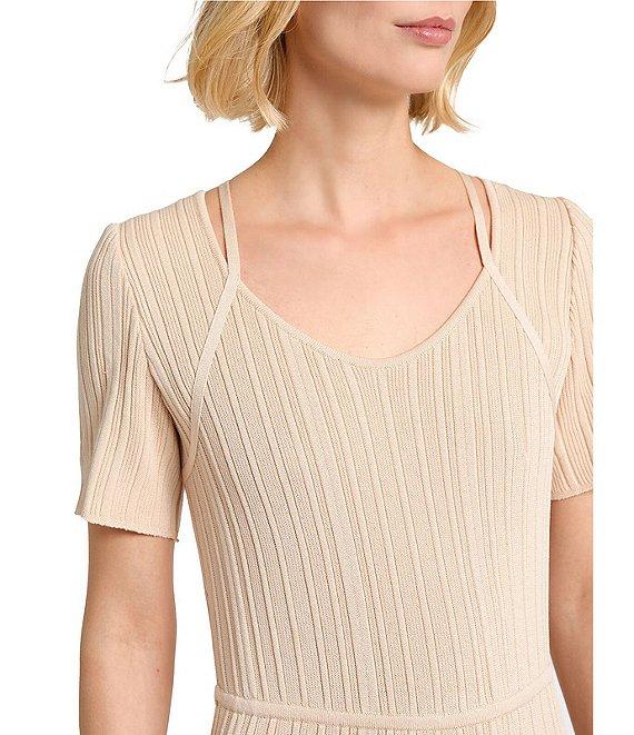 MISOOK Ribbed Soft Knit V-Neck Short Sleeve Fit-And-Flare Midi Dress Product Image