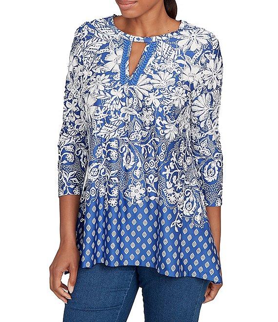 Ruby Rd. Knit Floral Border Print Keyhole Neck 3/4 Sleeve Top Product Image