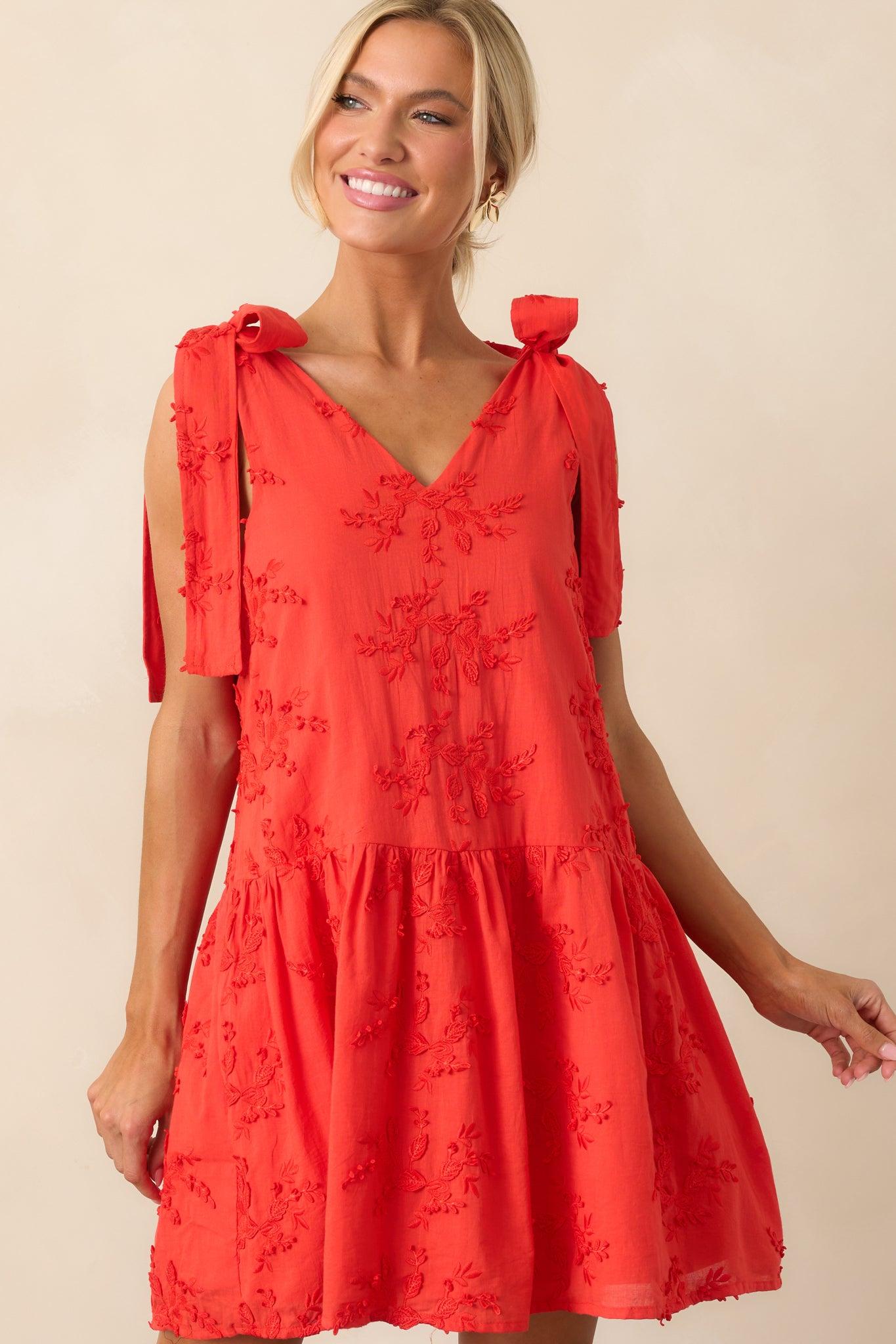 Holding Things Together Red Floral Embroidered Cotton Mini Dress Product Image