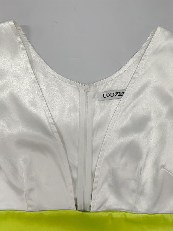 A-Line High Waisted Contrast Color Pleated Zipper Deep V-Neck Maxi Dresses Product Image