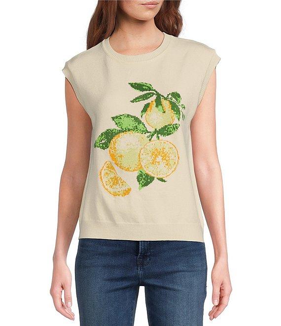 Skies Are Blue Lemon Printed Crew Neck Sleeveless Sweater Top Product Image