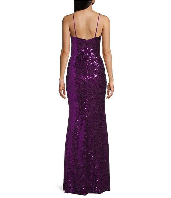 Honey and Rosie Sequin Square Neck Pleated Waist Side Slit Long Gown Product Image