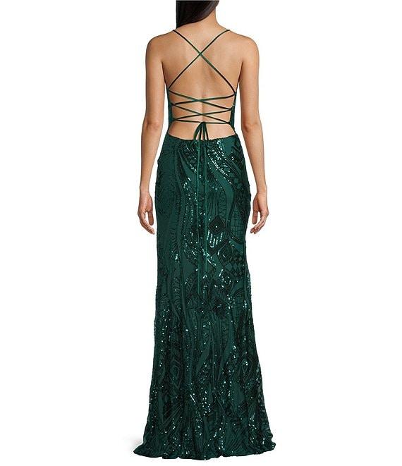 Midnight Doll Sequin Lace-Up Back Front Slit Long Dress Product Image
