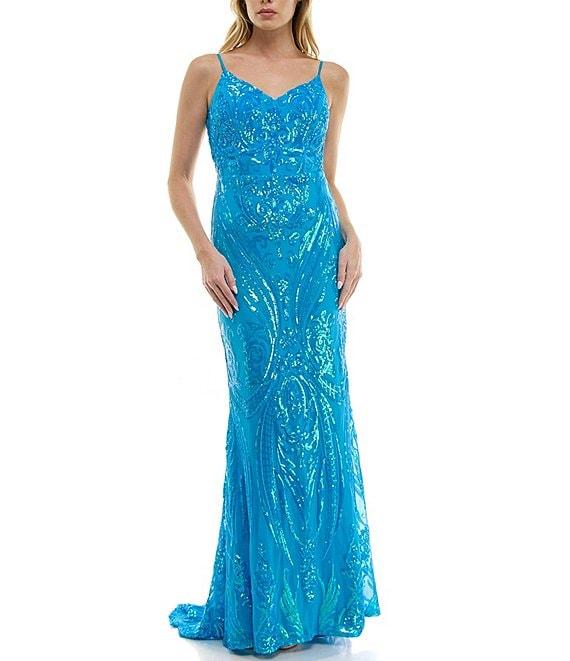 B. Darlin Patterned Sequin V-Neck Spaghetti Strap Open Back Dress Product Image