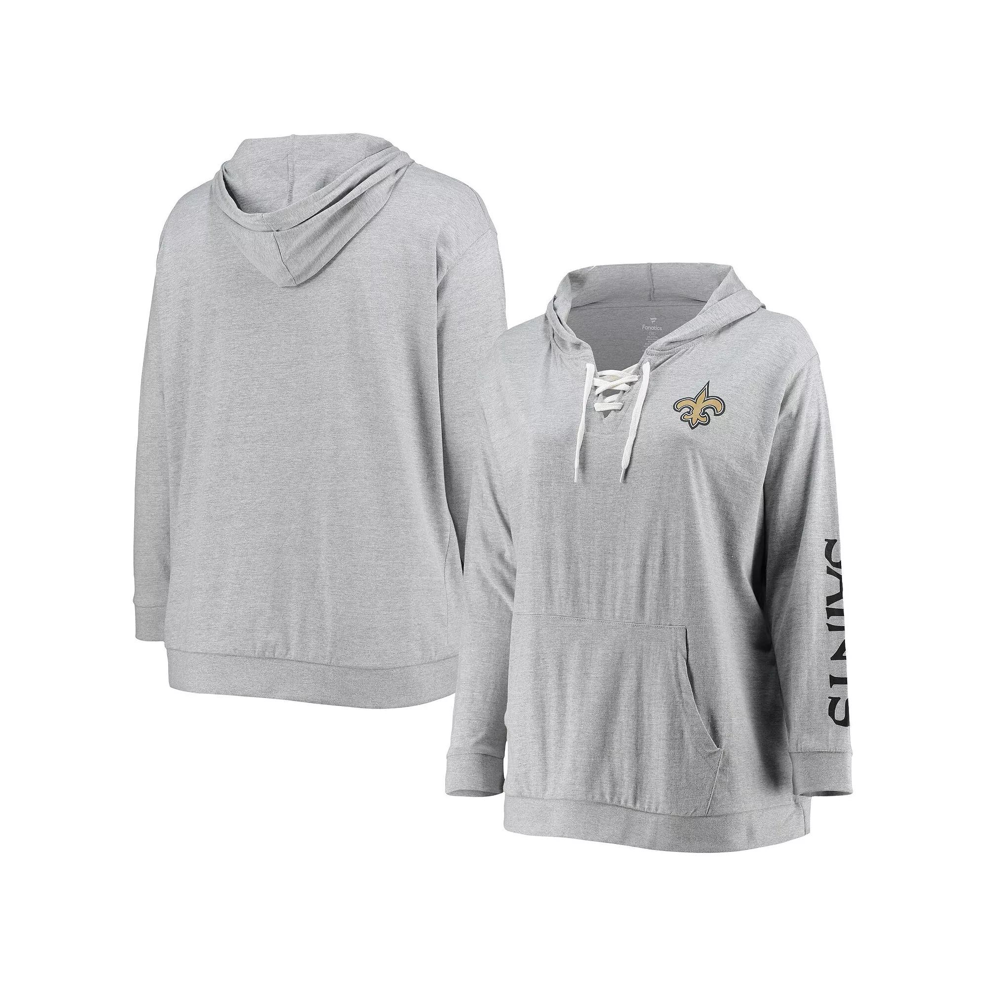 Women's Fanatics Branded Heathered Gray New Orleans Saints Plus Size Lace-Up Pullover Hoodie, Size: 3XL, Grey Product Image