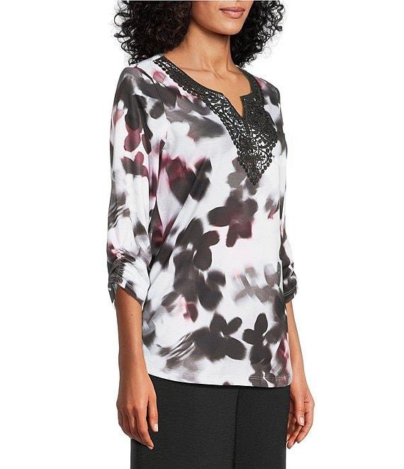 Allison Daley Petite Size Blurry Flower 3/4 Sleeve Split Round Neck Lace Detail Knit Top Product Image