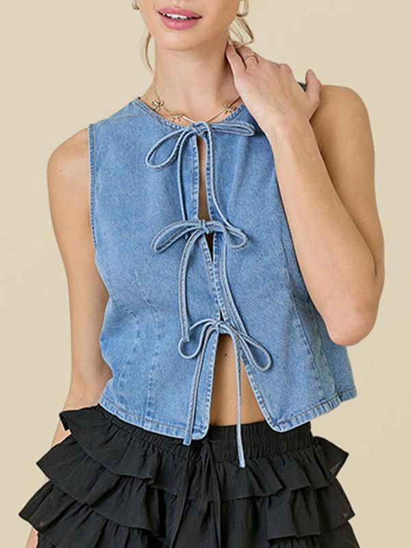Loose Sleeveless Lace-Up Split-Joint Round-Neck Vest Top Product Image