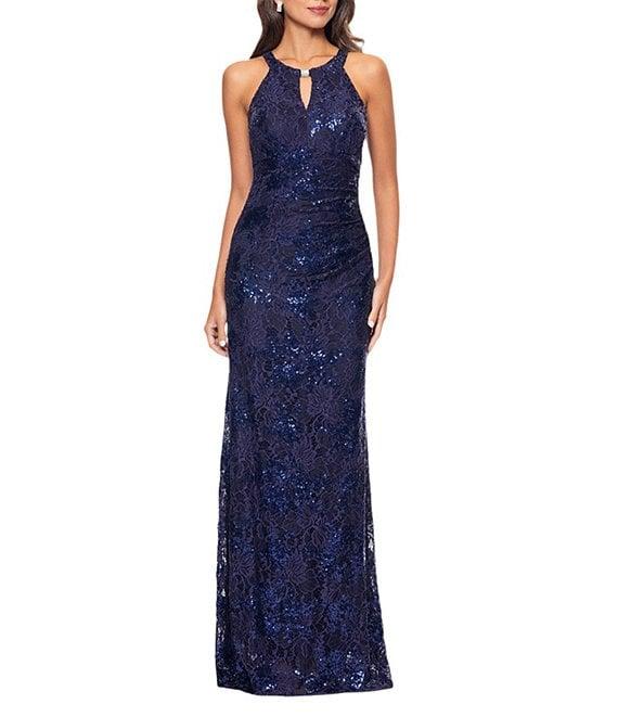 Betsy & Adam Keyhole Neck Sequin Lace Aline Gown Product Image