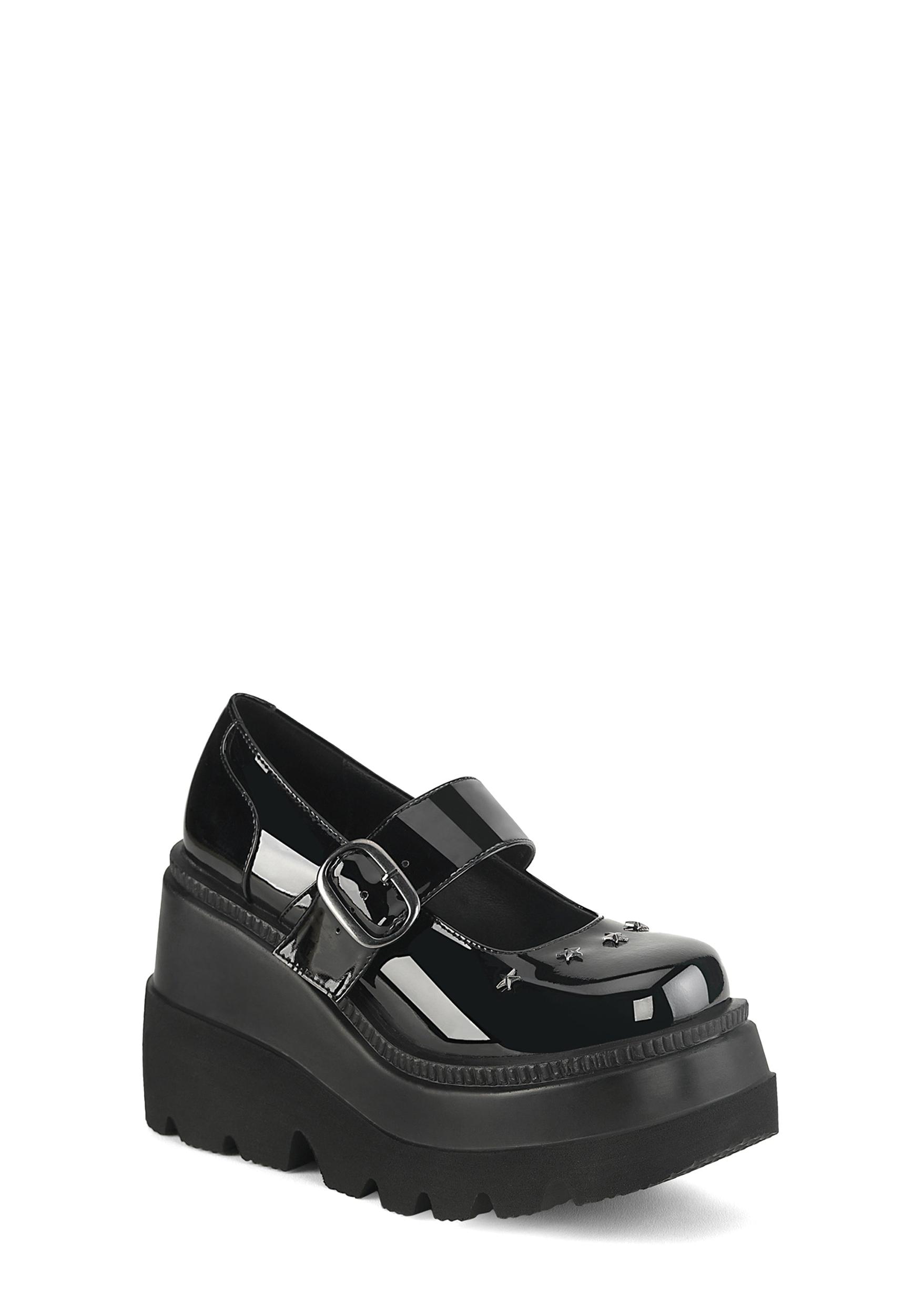 Demonia Wedge Platform Mary Janes - Black Patent Product Image
