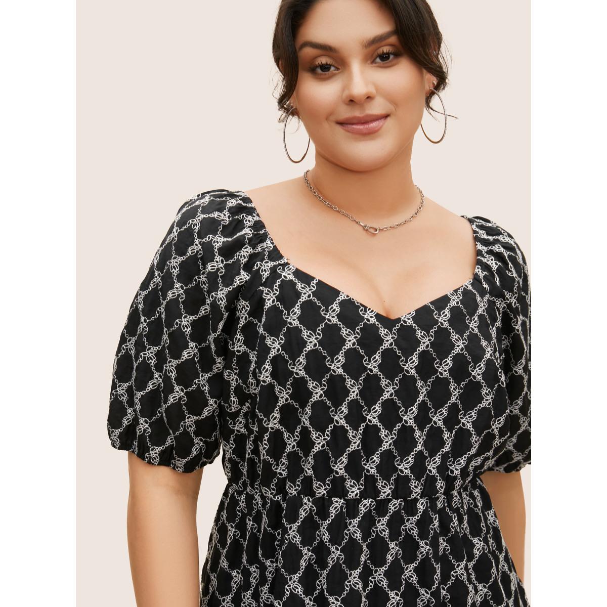 Plus Size Black Embroidered Heart Neckline Lantern Sleeve Blouse Women Casual Short sleeve Heart neckline Everyday Blouses BloomChic 18-20/2X Product Image